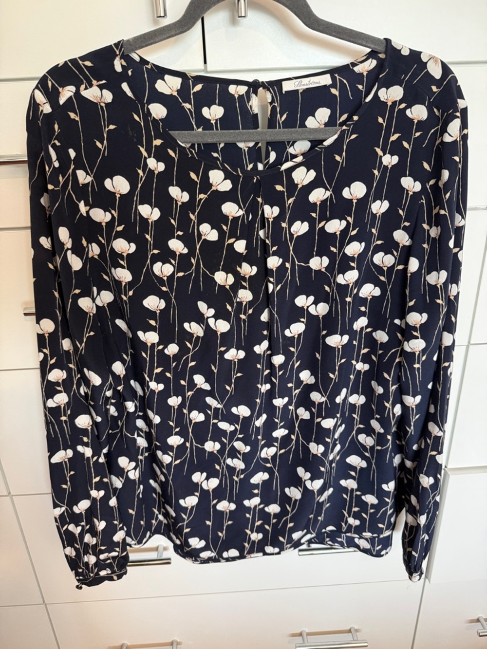Stenströms Bought in Copenhagen. Navy silk Blouse with White Florals. Size L.